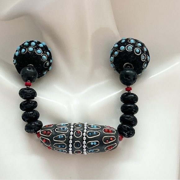 Statement Black Lava Bead Turquoise Coral Necklace - Picture 3 of 13